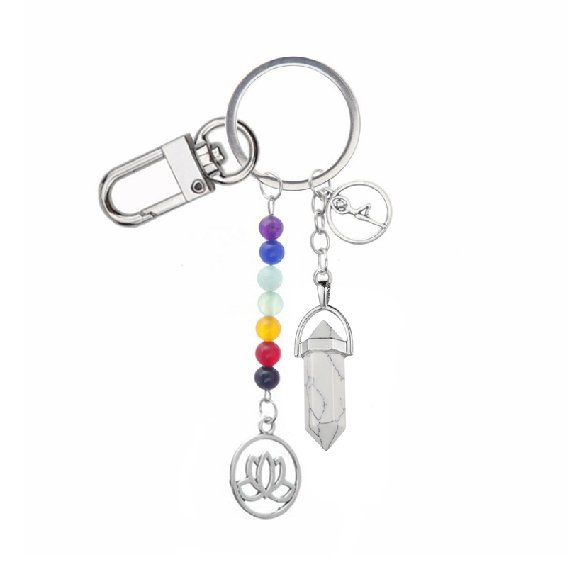 7 Chakra Energie Yoga Fitness Stenen Kralen Sleutelhanger Vrouwen Natuurlijke Zeshoekige Kolom Roze Steen Sleutelhanger Sieraden: gray