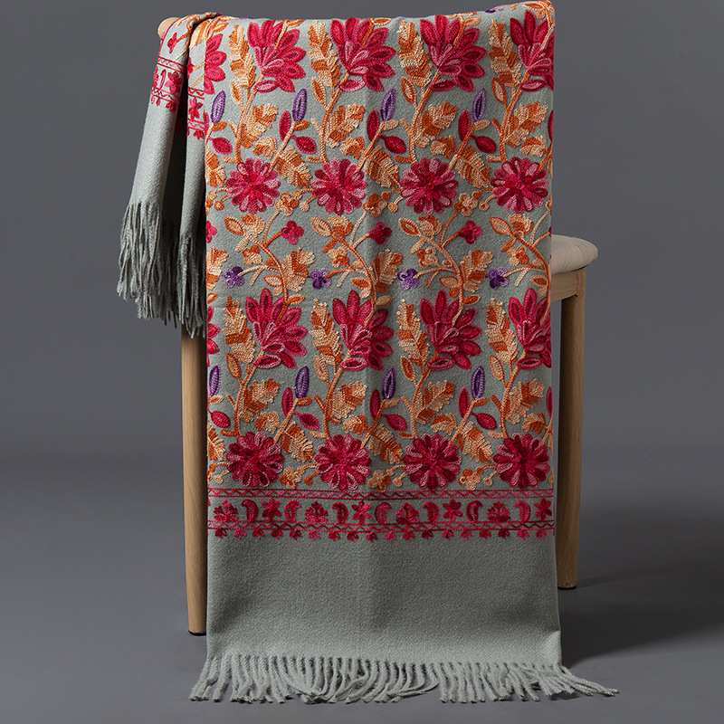 Bufanda de Cachemira con bordado Floral de lujo para mujer, chal cálido de invierno, Pashmina suave y grueso, Foulard, manta con borlas para mujer, bufandas: Azul