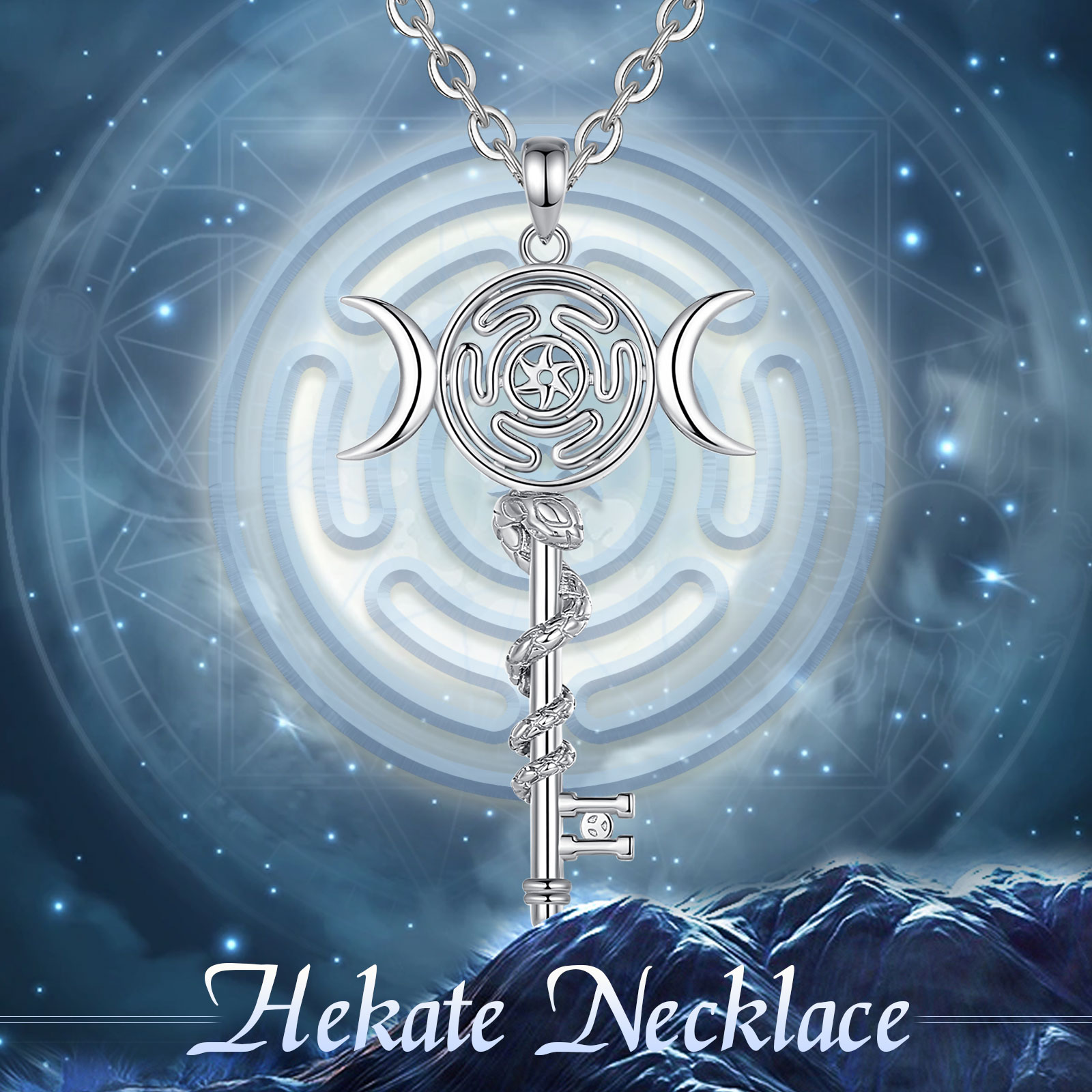 Eudora 925 Sterling Silver Hekate Wheel Necklace for Women Snake Key Triple Moon Goddess Pendant Witch Jewelry Personality