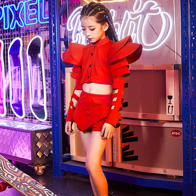 Traje de baile de Jazz para niñas, Conjunto blanco roja de Hip Hop, traje de baile callejero moderno, espectáculo de pasarela
