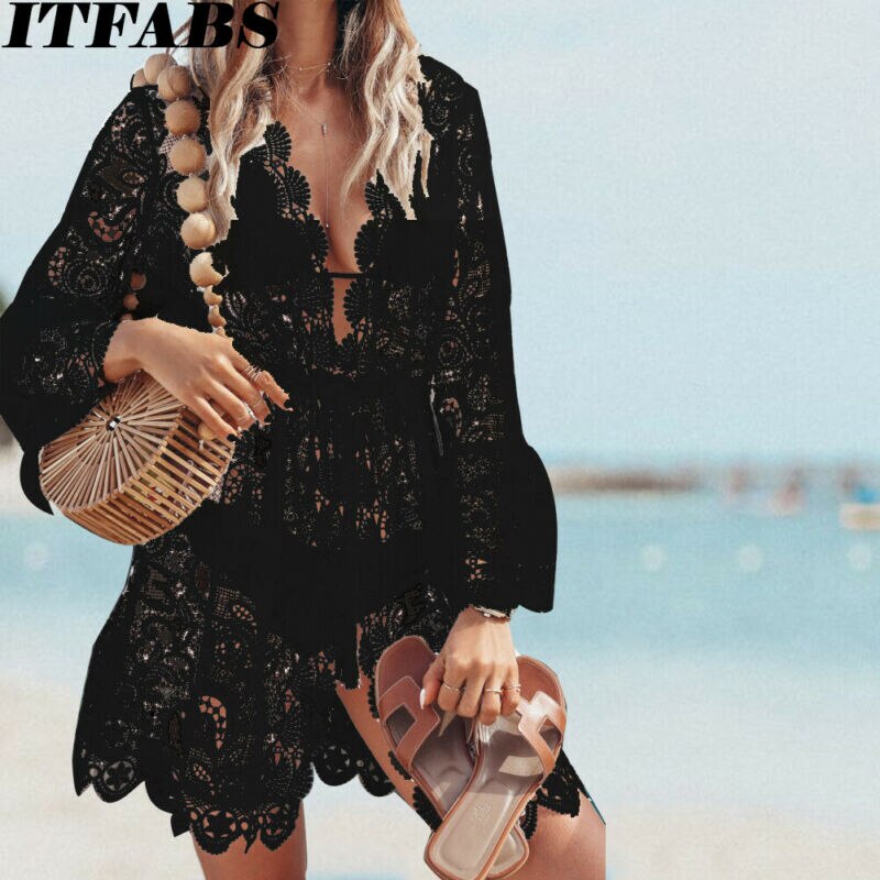 Women Sheer Bikini Cover Up Swimwear Sexy Lace Floral Swimsuit Bathing Suit Casual Loose Summer Female Short Beach Dress