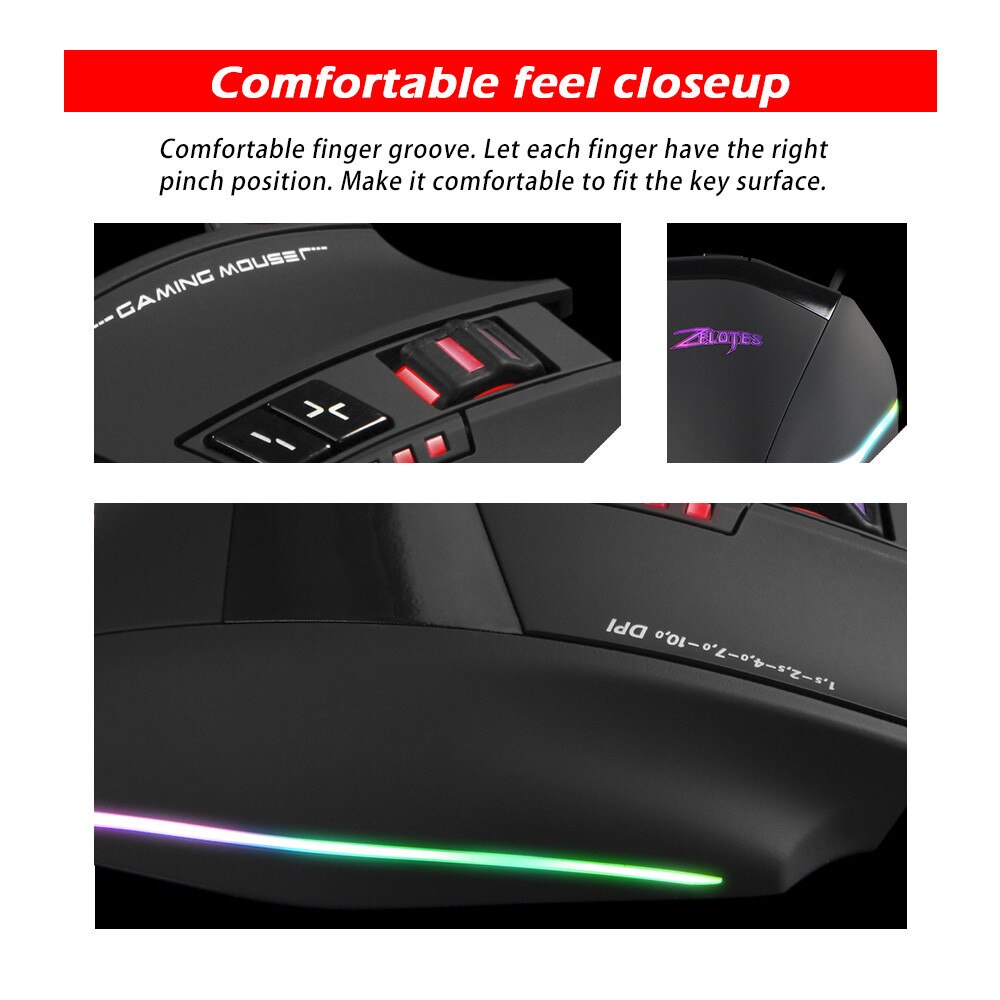 Zelotes C13 Gaming Mouse 10000 DPI 13 Programmable Buttons RGB LED Light Mice Computer Table Ergonomic Silent For PC Laptop