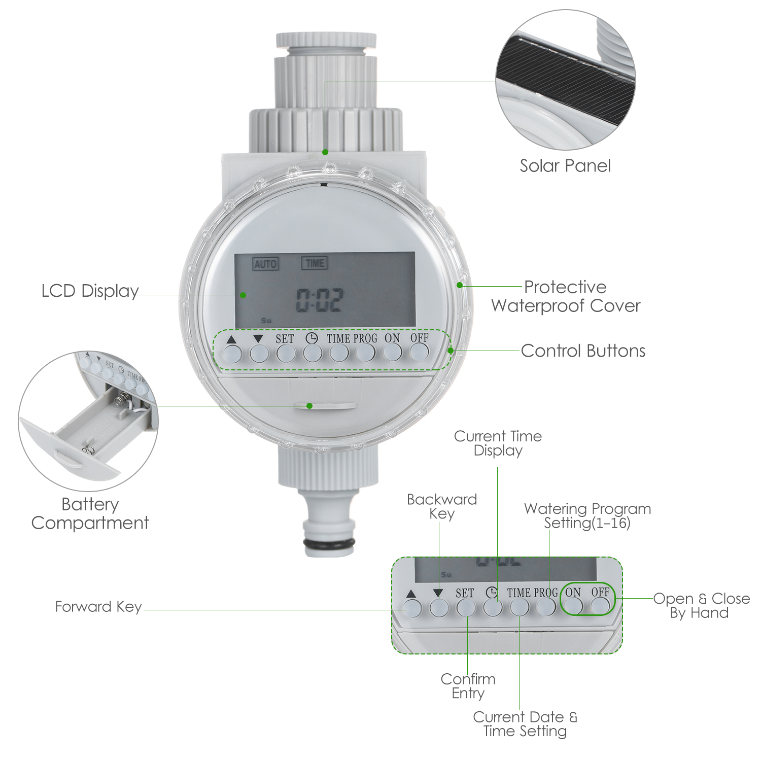 Zonne-energie Water Irrigatie Timer Elektronische Programmeerbare Automatisch Sproeisysteem Controller Slang Kraan Timer