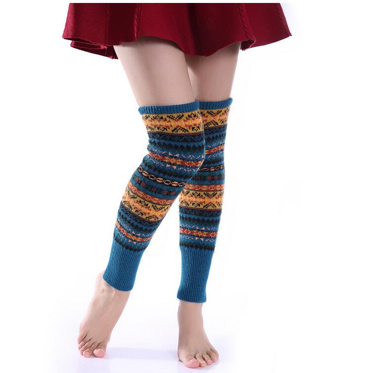 Kvinder benvarmere bohemis uld benvarmere hæklede strikkede lange benvarmere patchwork knæhøje varme støvlesokker kvinder: Påfuglblå
