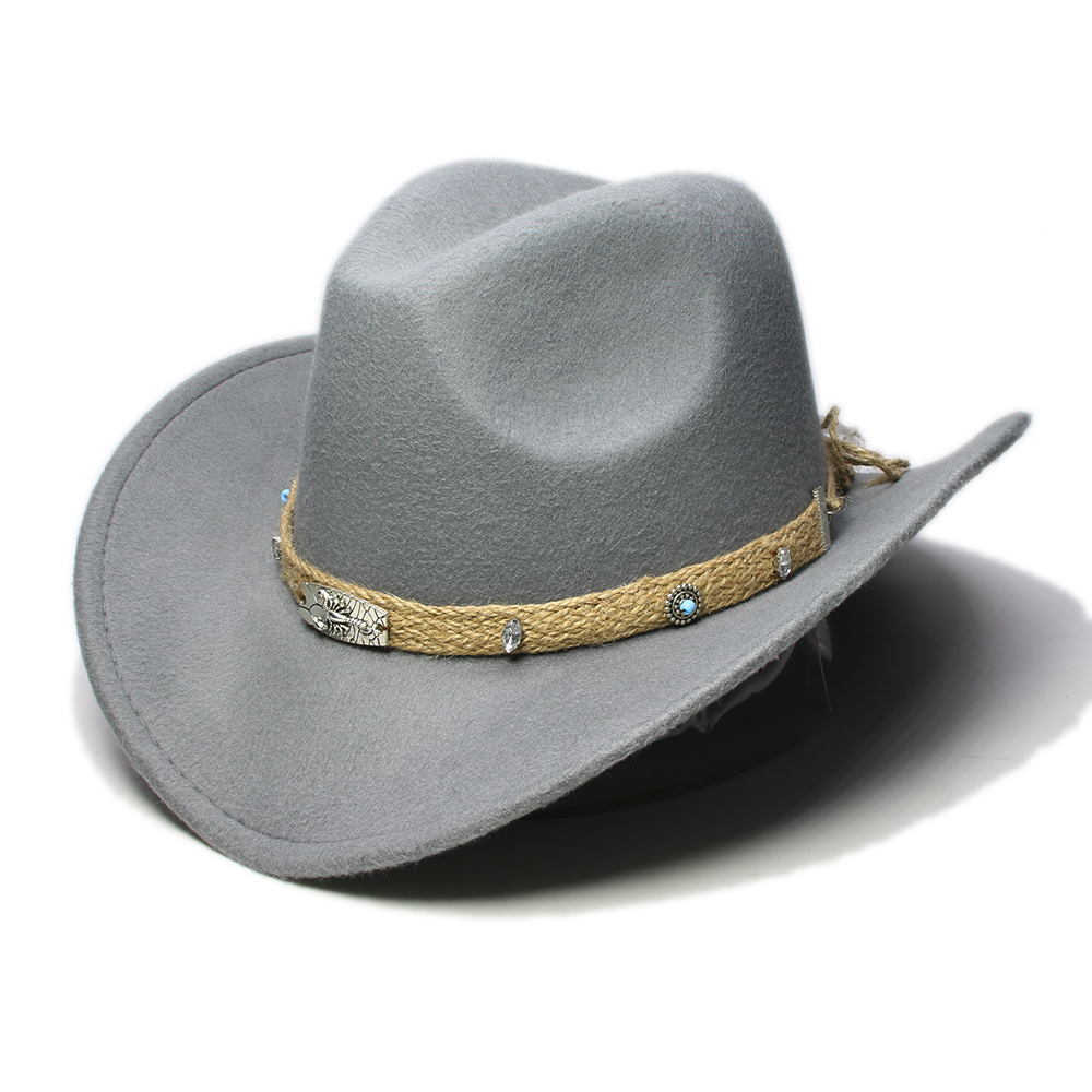 Retro beige skorpion strikket bånd forældre-barn kvinder mænd/kid uld bred skygge cowboy western hat cowgirl bowler kasket  (57cm/54cm): Grå / Voksen størrelse 57cm