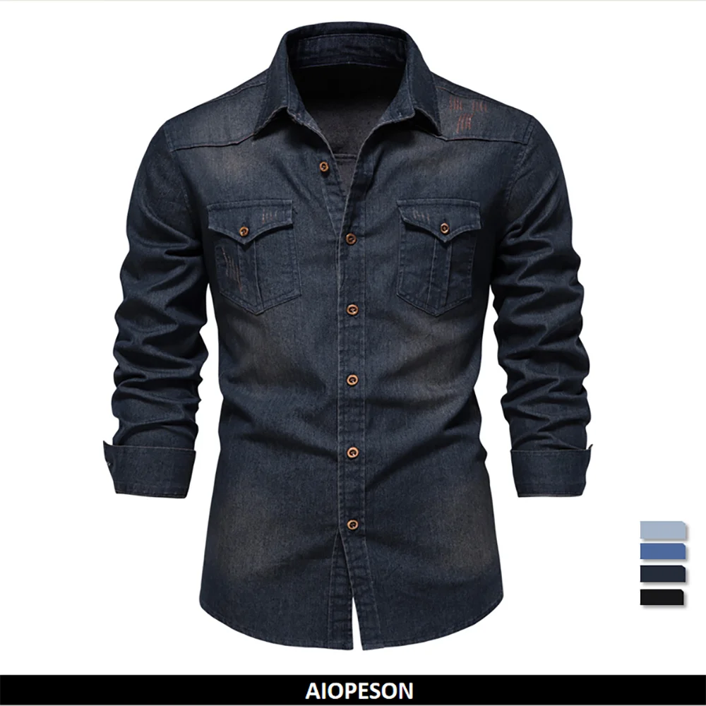 AIOPESON camisa vaquera de algodón elástico para hombre manga larga camisas vaqueras de para hombres corte ajustado informal ropa de para hombre