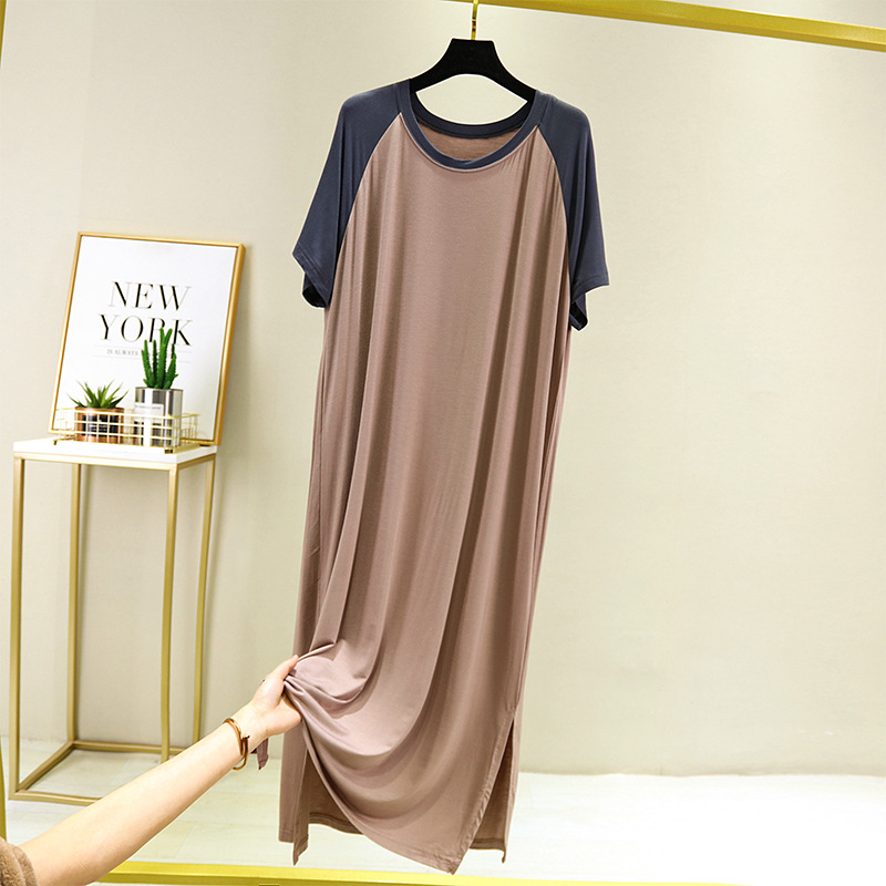 Modal natkjole dame & #39 ;s sommer kortærmet nattøj i ét stykke lang kjole stor størrelse løst hjemmetøj nattøj: Khaki / En størrelse passer alle