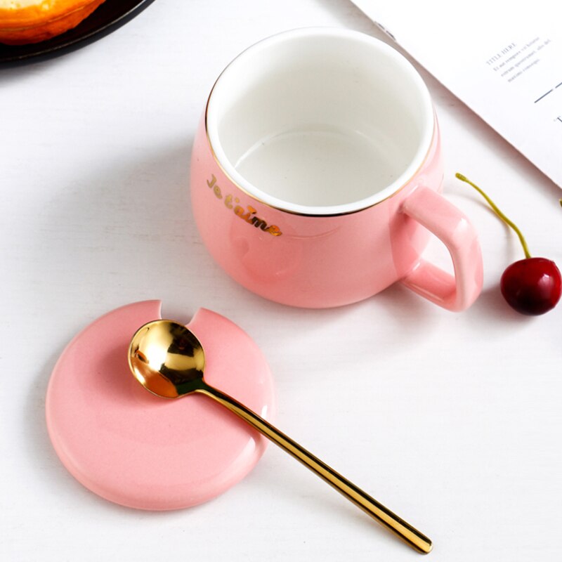 Cute Pink Ceramic Coffee Mugs with Cover Lid Spoon Porcelain Handle Milk Tea Girl Student Cup Lovers Teacup Mug 250ML