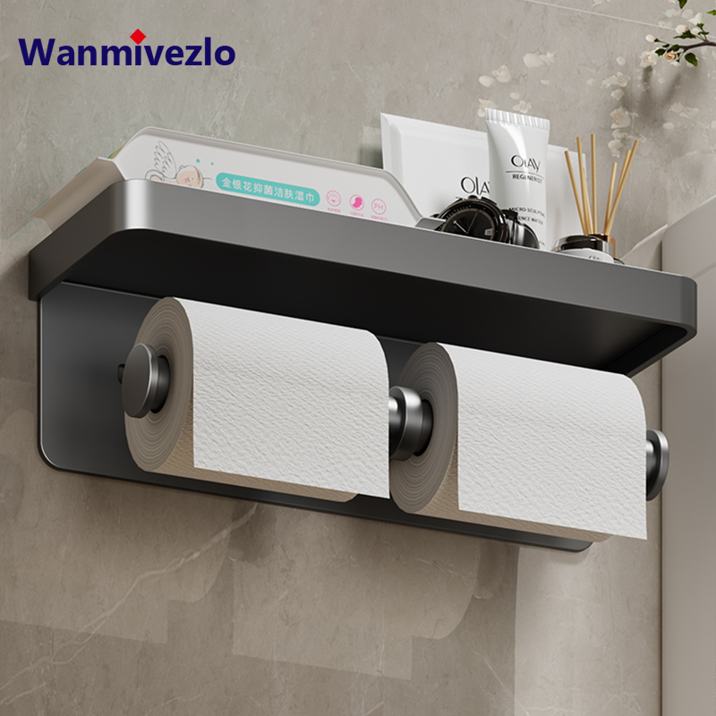 Soporte de papel higiénico grande, portarrollos de papel montado en la pared con bandeja de almacenamiento, soporte para teléfono móvil, accesorios de baño