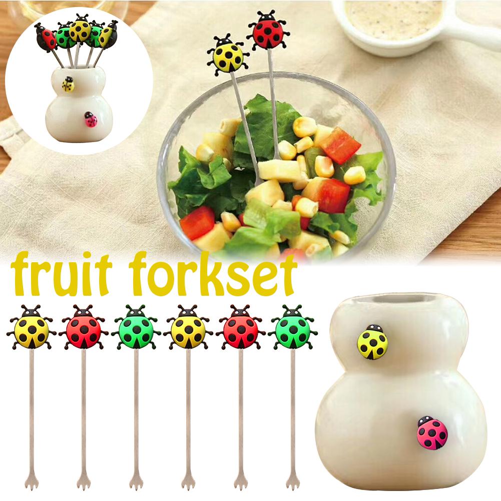 Leuke Lieveheersbeestje Siliconen Fruit Vork Set Dier Kever Fruit Teken Voedsel Vork Mode Kleine Vork 6 Pack Inventaris klaring