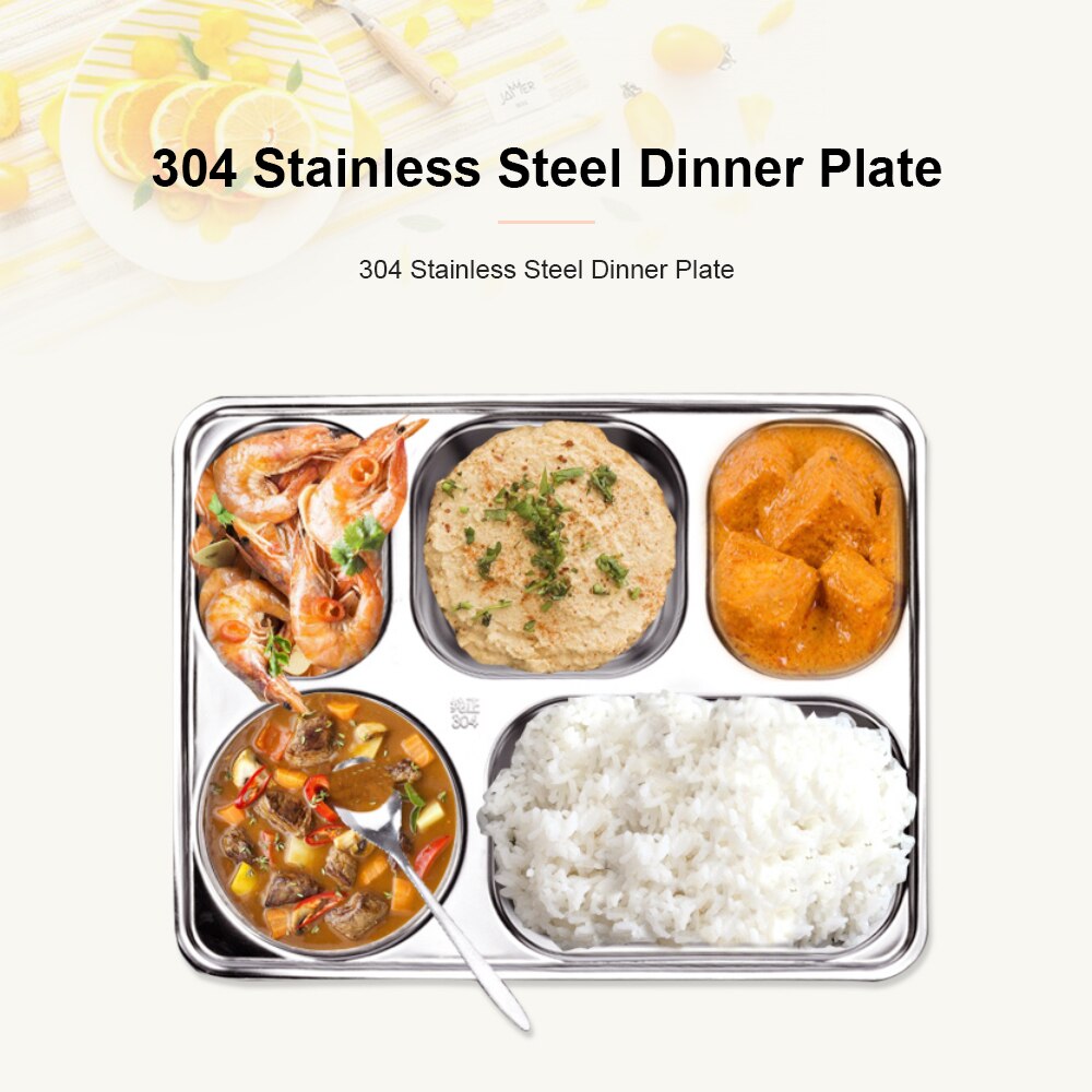 Stainless Steel 304 Divided Dinner Tray Fast Food Plate 5 Grids for School Canteen Kids 5 Section Cafeteria Partition Plate