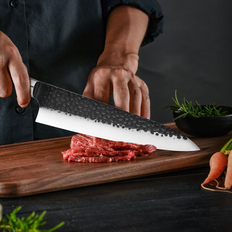 8 Inch Forged Chef Knife 4Cr13 Carbon Steel Japanese Kitchen Chef Knives Slicing Meat Vegetable Cleaver Knife With Wooden Handle