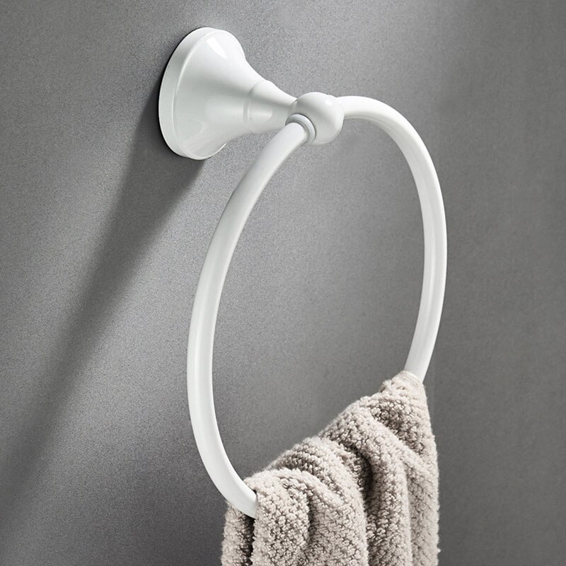 Håndkleholder veggmontert gull messing håndkle ring svart moderne bad tilbehør rundt vintage kjøkken arrangør hengende bar: Hvit