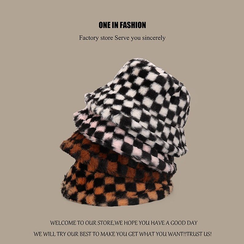 Vrouwen Hoeden Vrouwelijke Winter Dikke Warme Koe Fluwelen Vissen Caps Gorro Beanie Dames Zwart Wit Plaid Emmer Hoeden