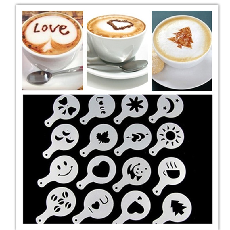 16Pcs Koffie Latte Stencils Cappuccino Barista Art Cake Koffie Stencils Liefde Stofdoek Sjablonen Koffie Tool Accessoires Schoon