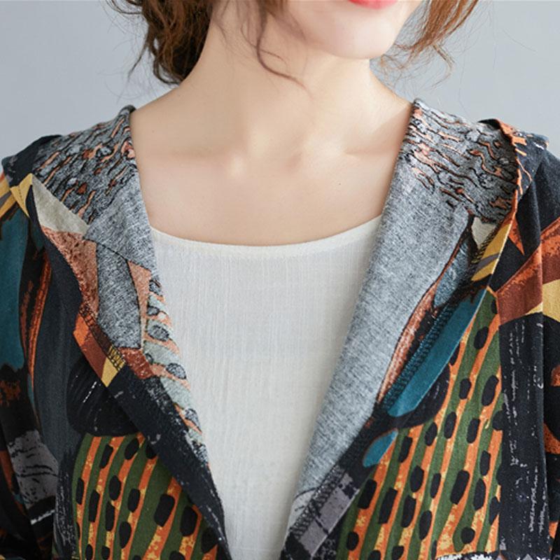 Plus size lange trenchcoat met capuchon, lente voor dames, graffiti print, casual vest, katoenen linnen jassen, kleding, windjack
