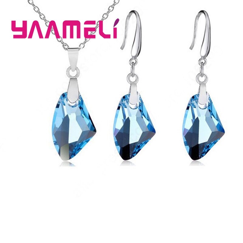 Ensemble de bijoux en argent Sterling 925, pendentif géométrique en cristal autrichien, collier, crochet, boucles d'oreilles, accessoire de mariage,: Blue