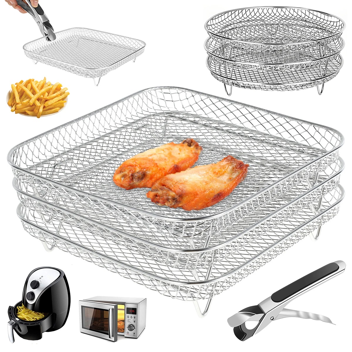Rack para fritadeira a ar, aço inoxidável, bandeja para cozinhar a vapor, acessórios para fritadeira a ar, assadeira, churrasqueira, grelha, assar, ferramentas de cozinha