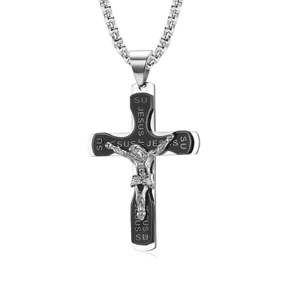 Christian passion bibel jesus halskæder kryds vedhæng rustfrit stål kæde link religiøse mænd far dreng smykker: Sort -2