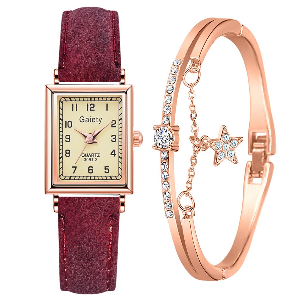 2PCS /Set Women Leather Belt Dress Quartz Clock Square Dial Sport Casual Bracelet Ladies Wrist Watch Relogio Reloj Mujer: Rose Red Set