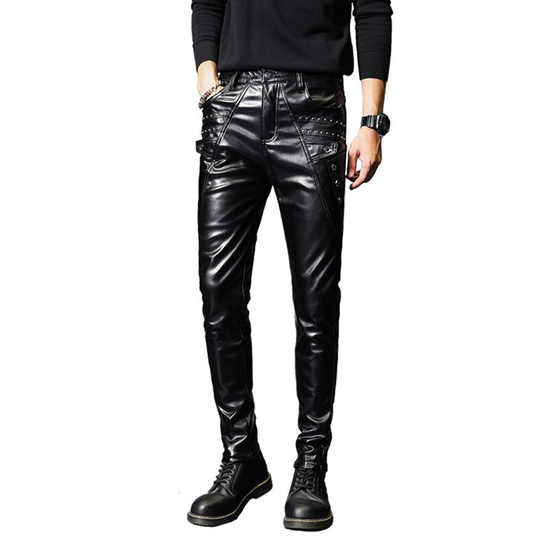 Pantalones de cuero entallados para hombre, Otoño/invierno, con remaches pequeños, cremallera para adolescentes, pantalones de cuero PU gruesos y cálidos,