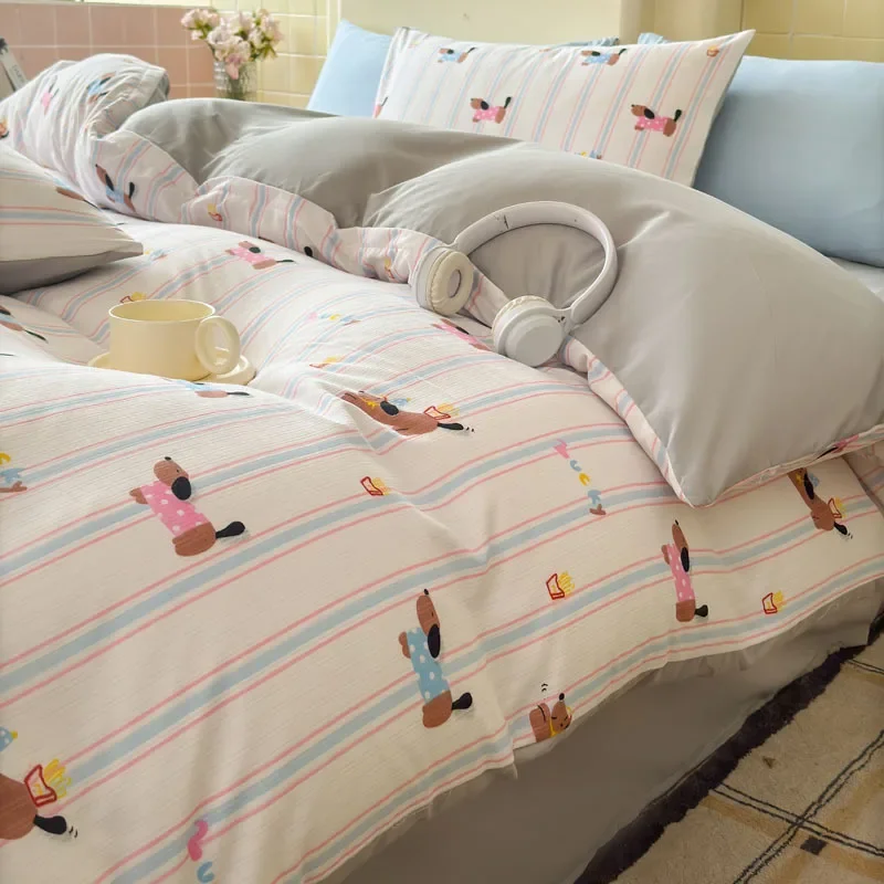 Blomstertrykket rynket bomullssengesett 4- -delt søtt, mykt og komfortabelt dynetrekk dobbelt enkelt laken til voksne: Oransje