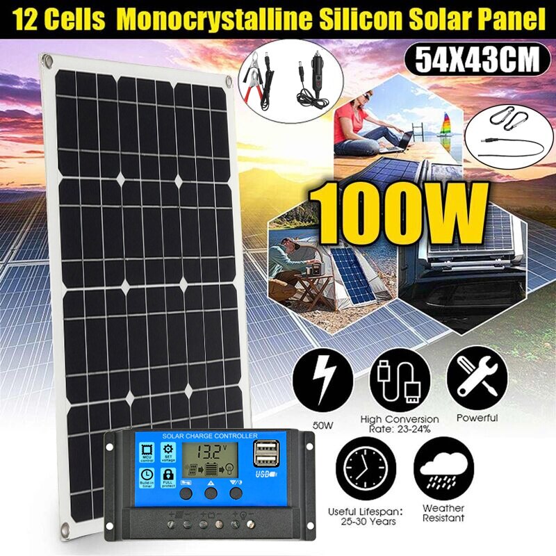 Kit de Panel Solar Flexible, cargador Solar portátil de 100W y 18V, sistema doméstico de 5V, USB para teléfono, 12V, RV, coche, barco, batería de Camping, resistente al agua
