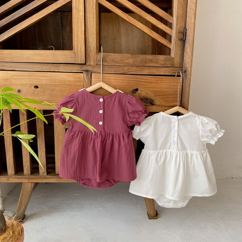 Body d&#39;été pour bébé fille, col carré, blanc, violet, manches bouffantes, dentelle, vêtements en coton pour enfant, 2022, E2042