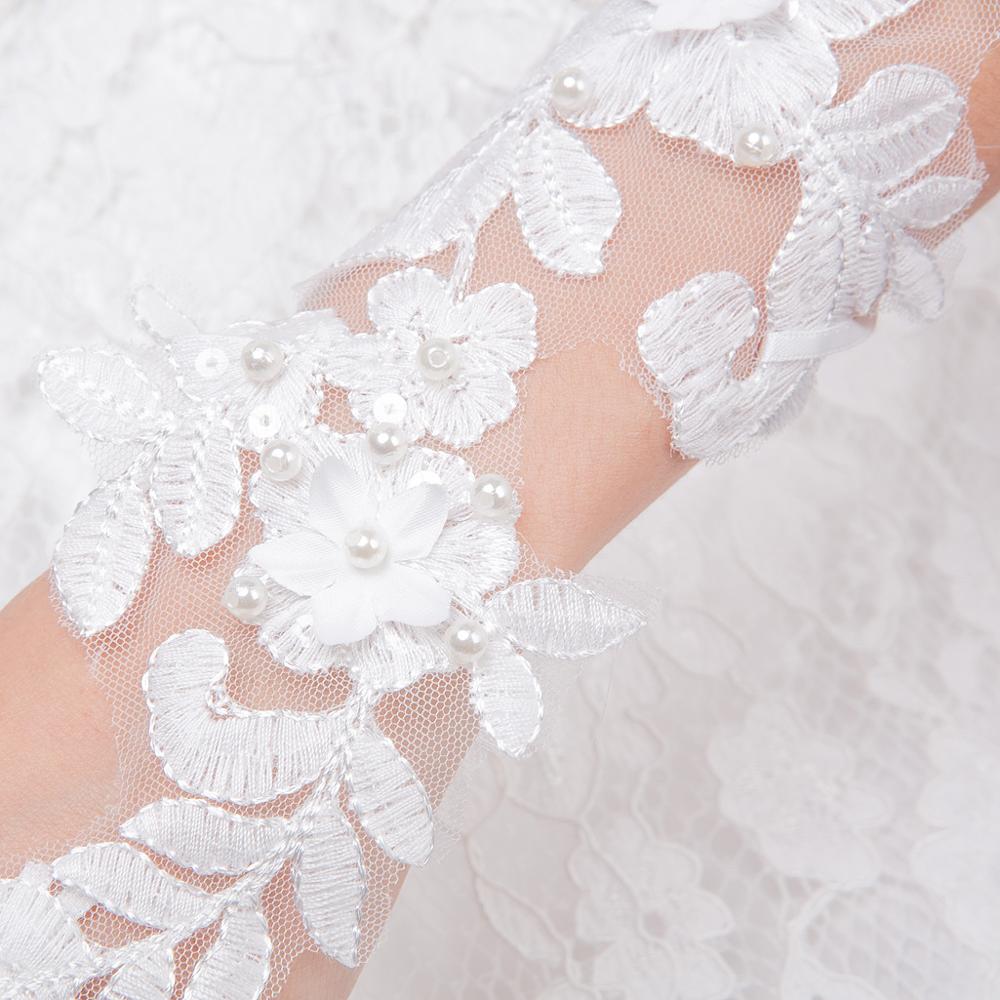 JaneVini White Long Wedding Gloves Fingerless Lace Appliques Pearls Opera Length Gloves Bridal Wedding Accessories