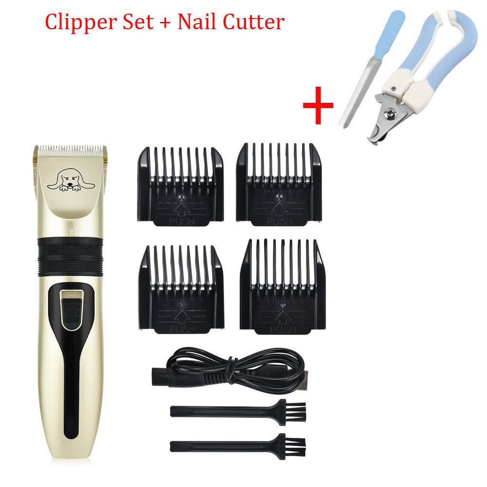 Elektrische Hond Clipper Hond Tondeuse Kit Oplaadbare Hond Kat Geluidsarme Grooming Scheerapparaat Cut Machine Set + Spare Blade: Set and Nail Cutter