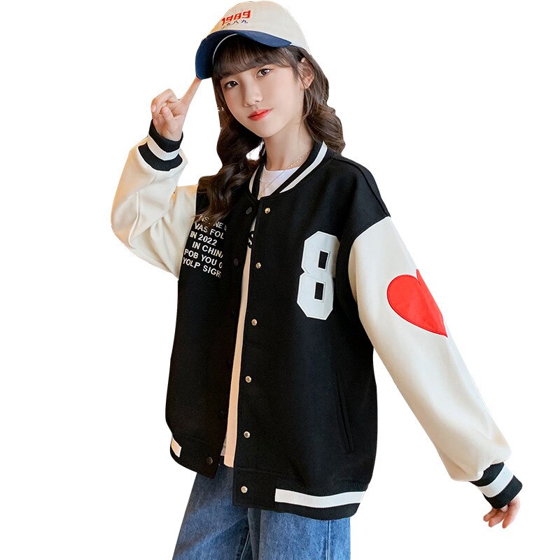 Chaqueta de béisbol con estampado de letras para niñas y adolescentes, chaqueta de béisbol con patrón de corazón, cárdigan grande, prendas de vestir, abrigos, color negro y azul, Primavera