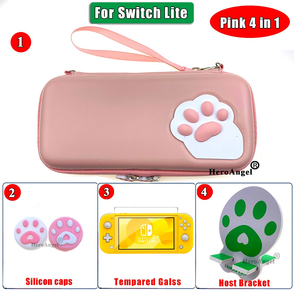 Cute Cat Claw Portable Travel Carrying Case for NS Nitendo Switch / Switch Lite Mini Console Protective case Storage Bag Accesso: Lite Pink 4IN1