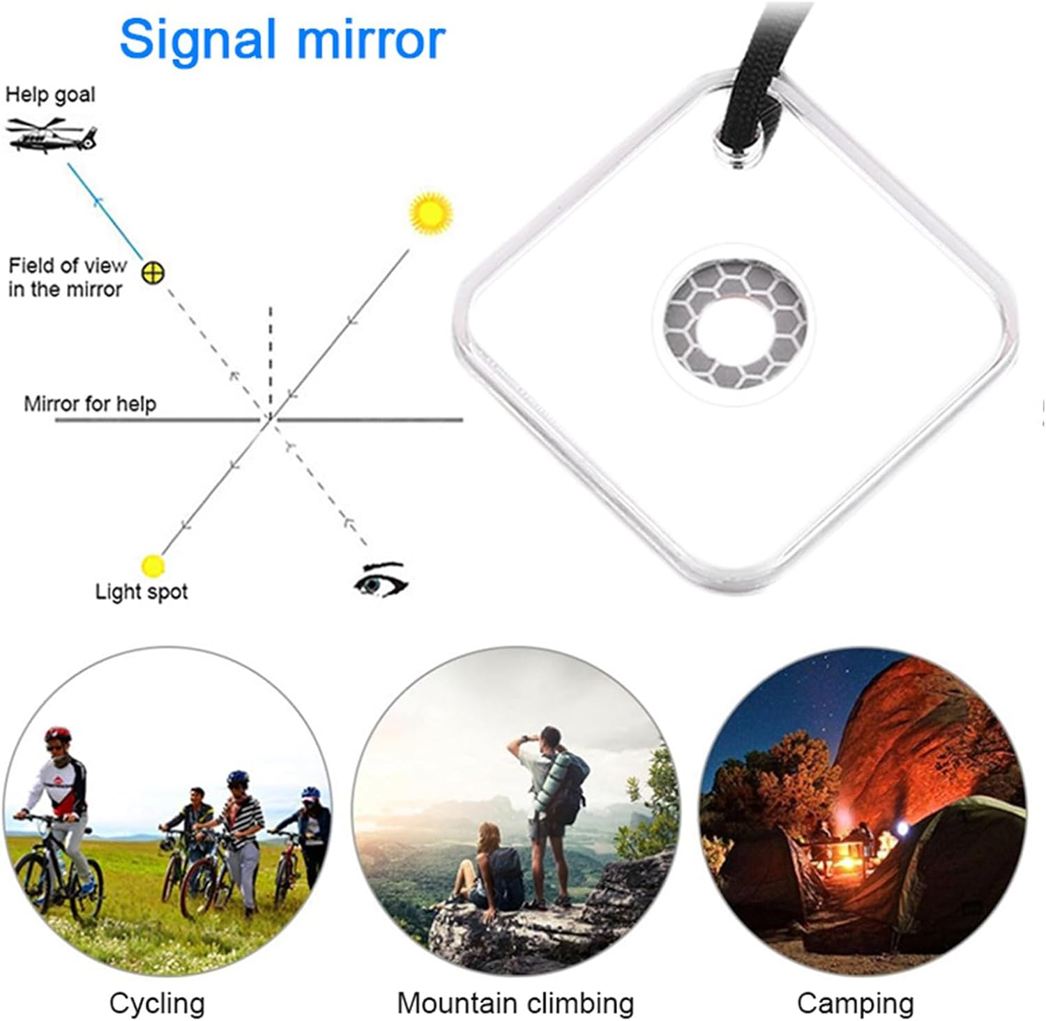 Espejo de señal de supervivencia: reflector de luz solar para senderismo, camping, emergencias, primeros auxilios. 1 unidad