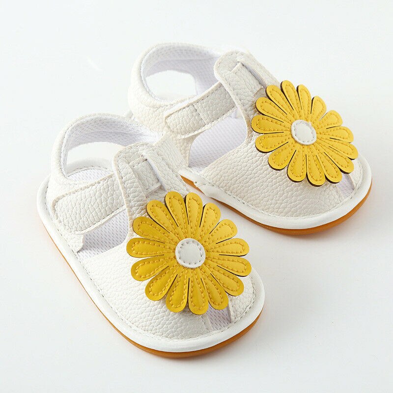 Sød 0-18m baby spædbarn kid pige blød sål blomst sandaler krybbe sko toddler sommer prinsesse solsikke pu sandal sko: Hvid / 7-12 måneder