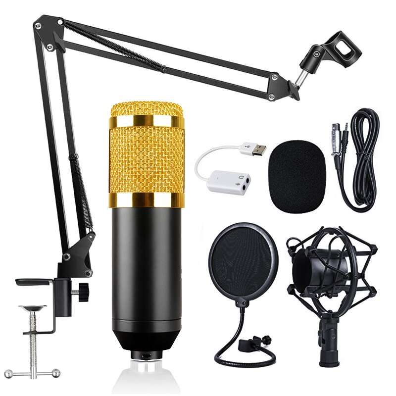 microfone bm 800 Studio Karaoke Microphone Sound Card Kit microfone bm800 Condenser Recording Microphone For computer PC: Gold