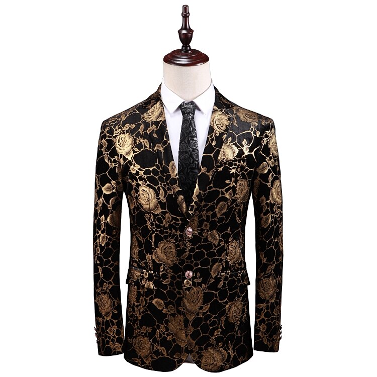 Steampunk bröllopskostymer för män guld bronzing blommönster blazer masculino herr scen kostymer sångare slim jacka