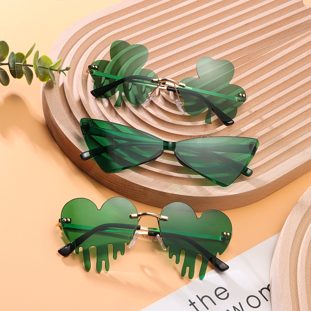 Gafas de sol de trébol irlandés para el Día de San Patricio, lentes verdes de trébol de cuatro hojas, disfraz de Leprechaun, gafas de sol sin montura a la