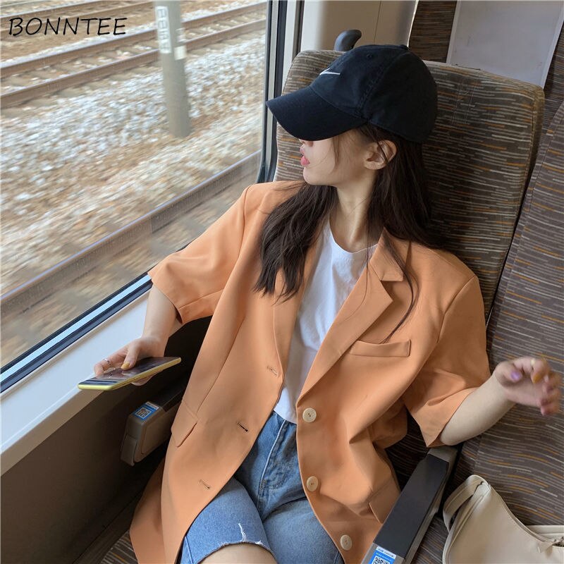 Blazers Vrouwen Zomer Dunne Koreaanse Oranje Losse Temperament X-Lange Mode All-Match Zakken Kantoor Dame Korte mouwen Uitloper