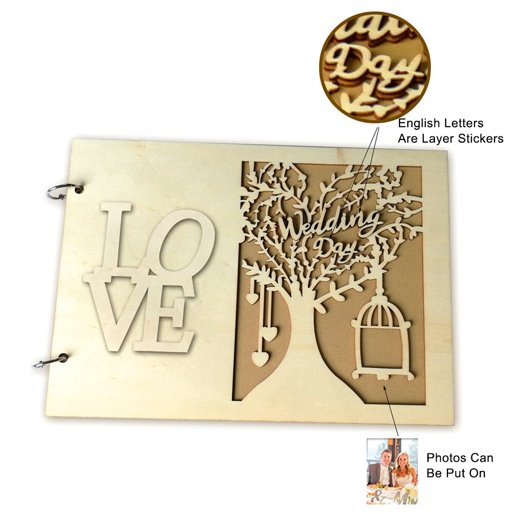 Mooie Bruiloft Decoratie 20 Pagina 'S Houten Bruiloft Gastenboek Levert Draagbare Hollow Oppervlak Fotolijst Notebook Gastenboek
