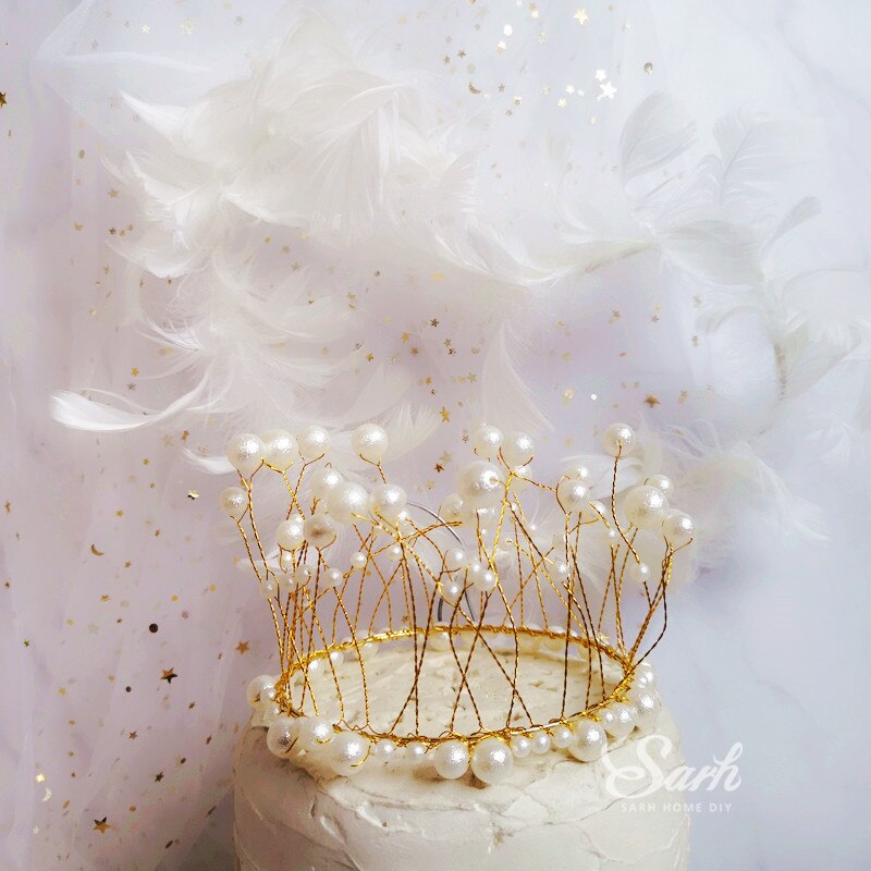 Bola de oro blanco nacarado-brillo, corona para pastel, decoración de de cumpleaños, postre, encantadores
