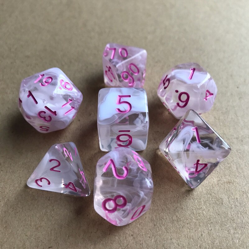 7 pçs/lote Transparente Multifacetado Dados D & d D4 D6 D8 D10 D % D12 D20 Poliédrico Conjunto para Jogo De Tabuleiro Jogos de Dados TRPG Como Presente: Pink Transparent