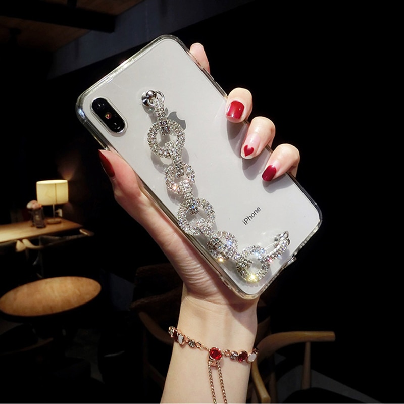 Voor Iphone 11 Pro Max Lady Bling Rhinestone Diamond Armband Ketting Kristal Telefoon Case Voor Iphone 11 Xr Xs Max 6 6S 7 8 Plus