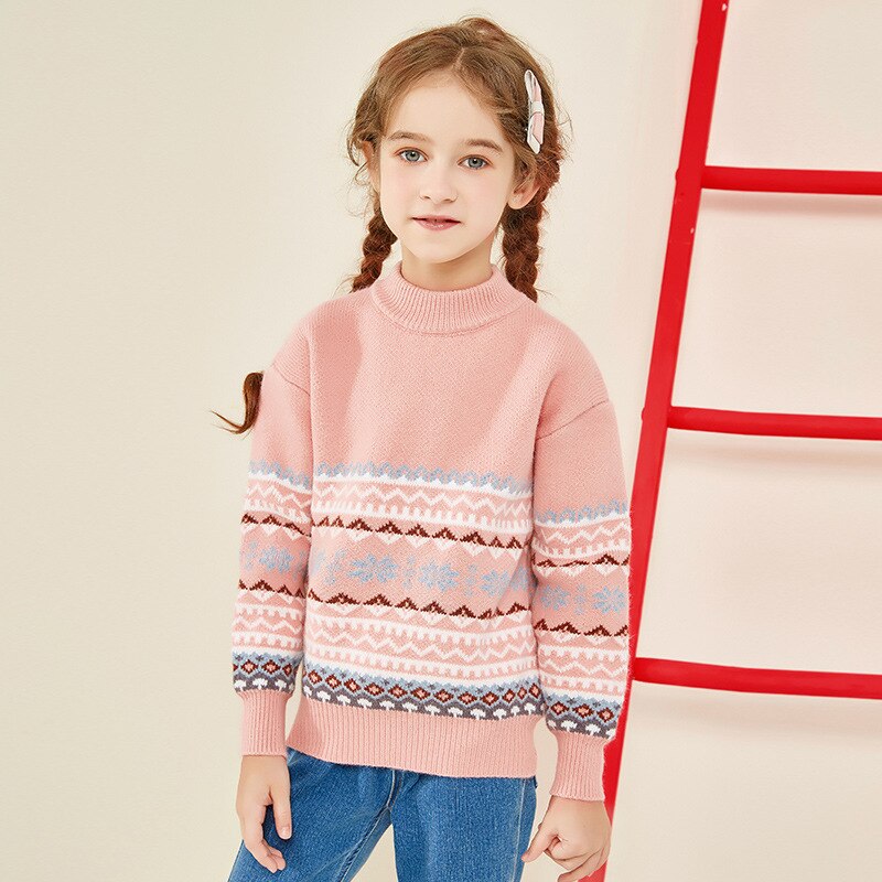 Girls Pink Knitted Sweaters 4 To 16 Year Autumn Winter Girls Stripes Plaid Soft Comfortable Sweater Children Knitwear Tops