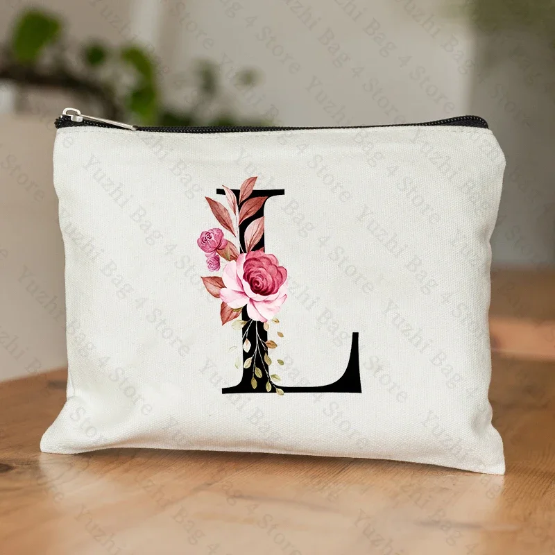 26-Buchstaben-Blumen-machen-hoch-Tasche, bedruckt, Brautjungfer, Hochzeitsgeschenk, Abschlussfeier, Lehrertag, , Aufbewahrungstasche, Reise-Parfüm-Seitentasche: Blau