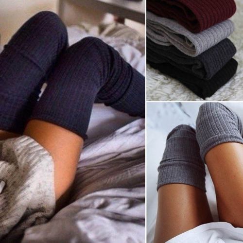 Medias largas y gruesas de algodón para mujer, mallas de lana suave tejidas por encima de la rodilla, largas, hasta el muslo, color negro, invierno, novedad