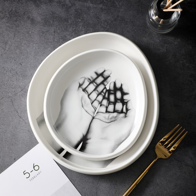Ceramic Tableware Porcelain Plate Black and White Hand Pattern Dishes and Plates Sets