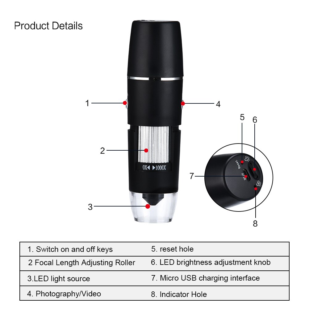 WIFI Digital 1000x Microscope Magnifier Camera for Android ios iPhone iPad 8LED Magnifier WIFI Detection Camera