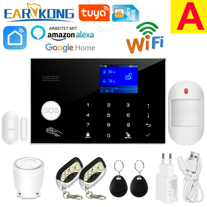 Wifi GSM Alarmsysteem 433 MHz Thuis Inbreker Beveiligingsalarm Draadloze bedrade detector RFID Touch-toetsenbord Temperatuur Vochtigheid Alexa: Army Green