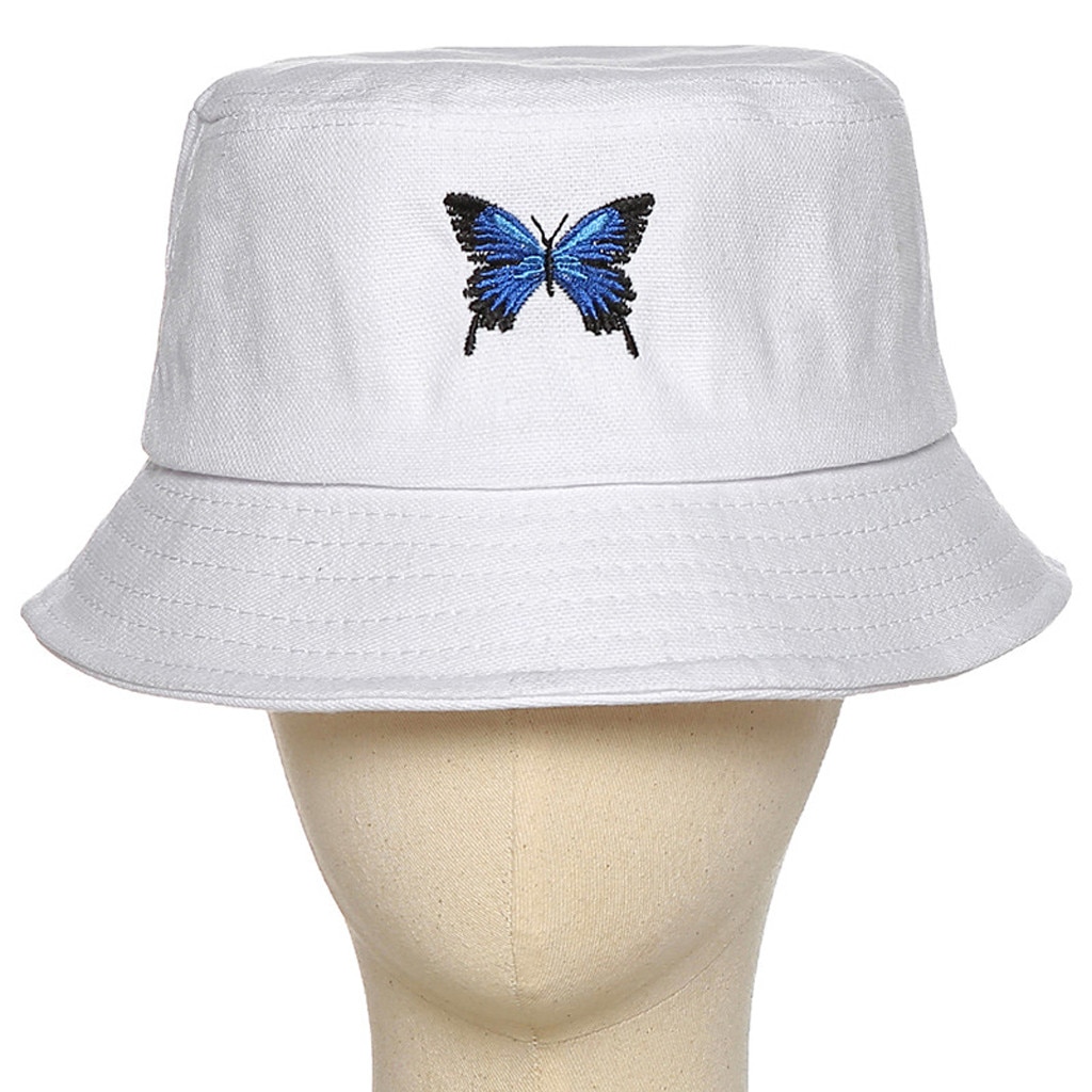 Le donne Blu Della Farfalla Del Ricamo Del Cappello Della Benna Pieghevole anti-scottature Bianco Cappello Del suola Della Protezione di anca salto Berretto di Pesca Kapelusz 20Jun25: Default Title
