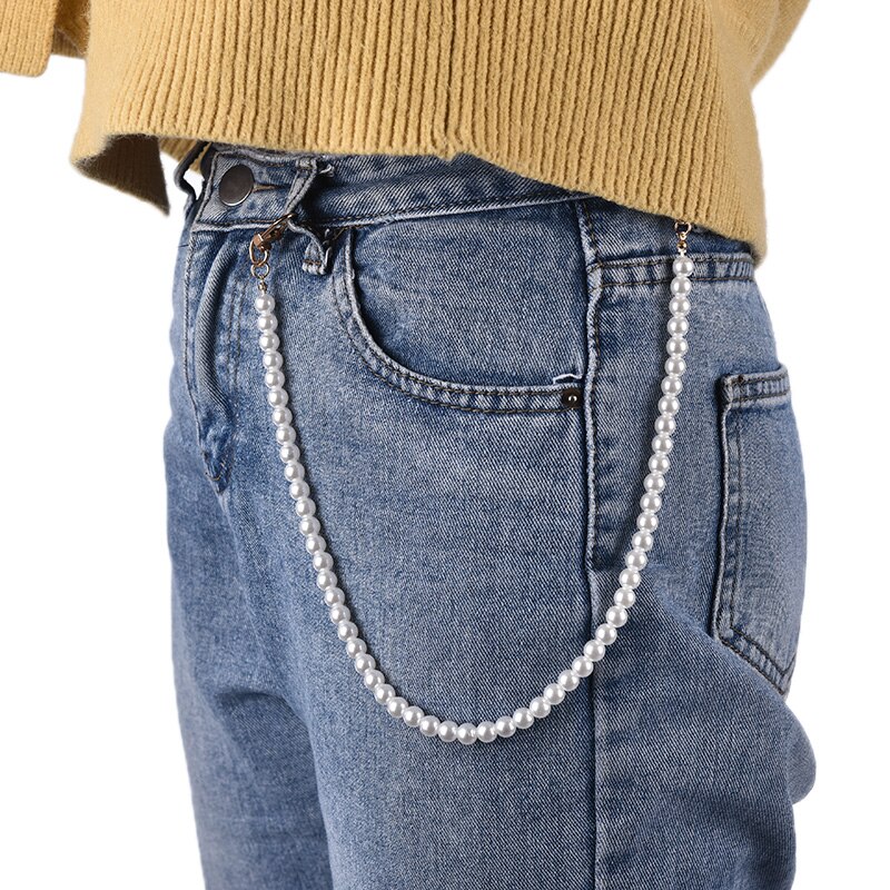 1pcs Women Cute Pear Pant Chain Belt Female Jeans Pearl Chain For Pants Ring Clip Keyring Trendy Jewelry
